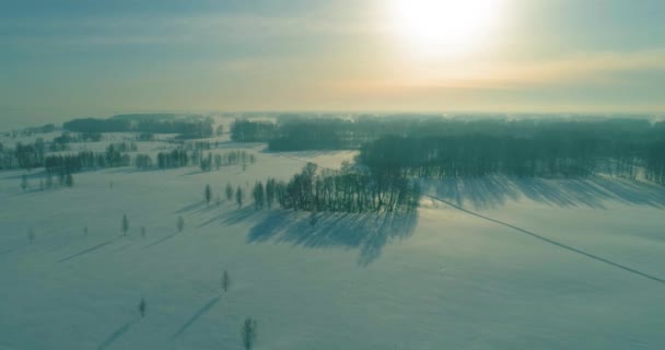 Letecký pohled na studenou zimní krajinu arktického pole, stromy pokryté mrazivým sněhem, ledovou řekou a slunečními paprsky nad obzorem. Extrémní nízké teploty počasí.