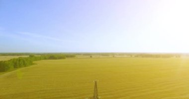 Yüksek voltajlı elektrik kulesi ve yeşil ve sarı alandaki elektrik hatları yakınında dikey hareket.