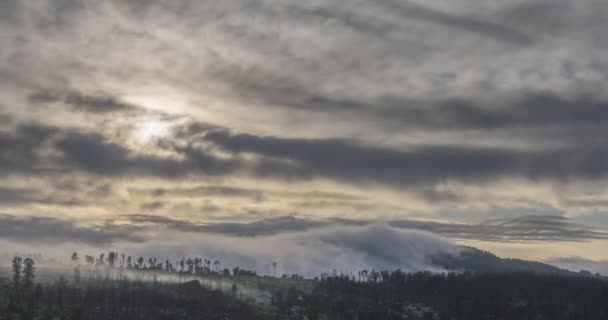 Timelapse wieczornych promieni słonecznych wyłaniających się przez mgliste chmury w górach. Zachód słońca we mgle górskiej. — Wideo stockowe