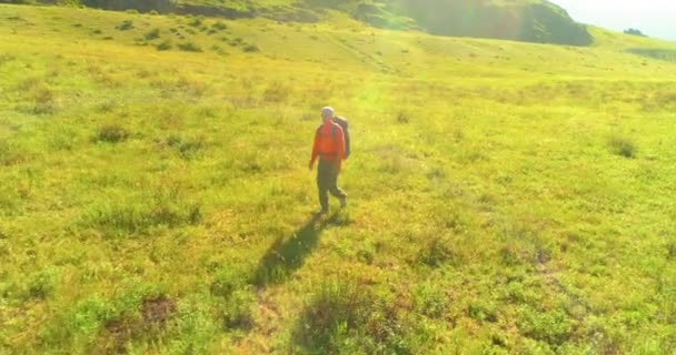 Lot nad plecakiem turysta spacerujący po zielonym polu górskim. Ogromna wiejska dolina w letni dzień. — Wideo stockowe