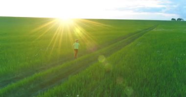Sportif çocuk yeşil buğday tarlasında koşuyor. Kırsal çayırlarda akşam sporu alıştırmaları. Mutlu bir çocukluk sağlıklı bir yaşam biçimidir. Radikal hareket, güneş ışınları ve ot.