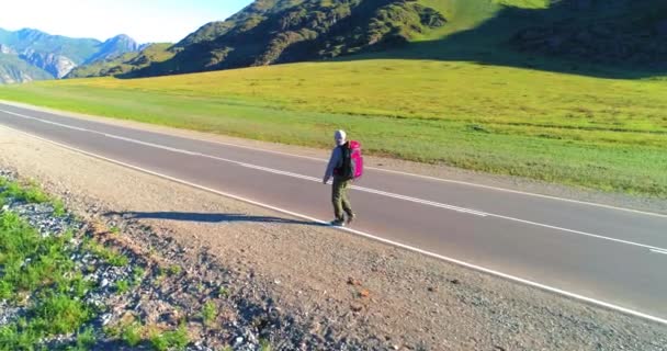 Flight over hitchhiker tourist walking on asphalt road. Huge rural valley at summer day. Backpack hiking guy. — Stock Video