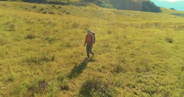 Sırt çantasıyla gezen turist yeşil dağ tarlasında yürüyor. Yaz günü büyük kırsal vadi. — Stok video