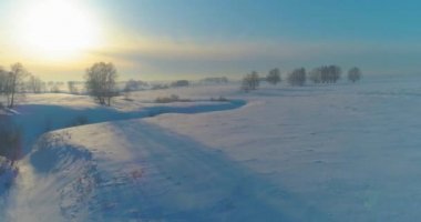 Soğuk kış manzarası kutup bölgesi, karla kaplı ağaçlar, ufukta buz nehri ve güneş ışınları. Aşırı düşük sıcaklık havası.