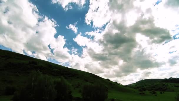 4K UHD bergweide tijdspanne in de zomer. Wolken, bomen, groen gras en zonnestralen. — Stockvideo