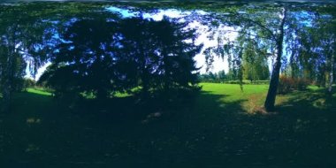 Bir şehir parkının UHD 4K 360 VR Sanal Gerçekliği. Sonbaharda ya da yaz gününde ağaçlar ve yeşil çimenler
