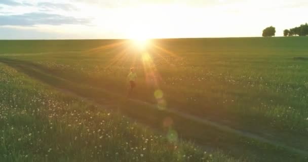 スポーツの子は緑の小麦畑を通って実行されます。田舎の牧草地で夜のスポーツトレーニング演習。幸せな子供時代は健康的な生き方です。放射状の動き、太陽光線と草. — ストック動画