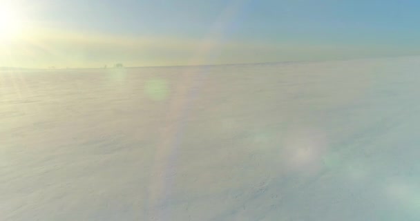 Vista aérea da paisagem fria inverno campo ártico, árvores cobertas com neve geada, rio de gelo e raios de sol sobre o horizonte. Tempo extremo de baixa temperatura. — Vídeo de Stock