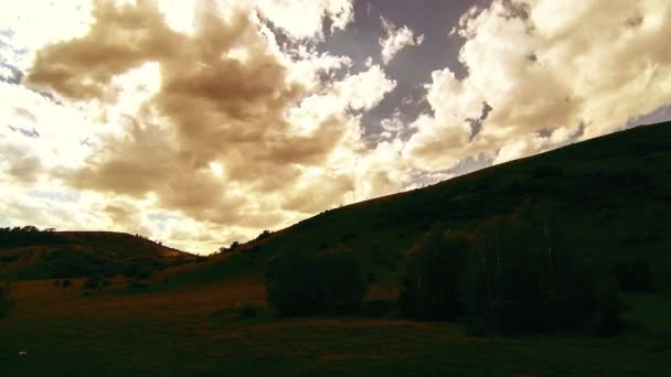 4K UHD montanha prado timelapse no verão. Nuvens, árvores, grama verde e movimento de raios solares. — Vídeo de Stock