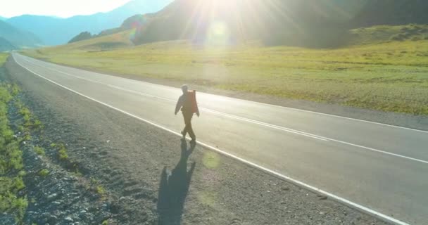 Asfalt yolda yürüyen otostopçu turist üzerinden uçuş. Yaz günü büyük bir kırsal vadi. Sırt çantalı gezgin.. — Stok video