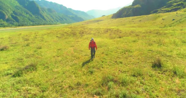 Vlucht over rugzak wandelen toerist wandelen over groene berggebied. Enorme landelijke vallei op zomerdag. — Stockvideo