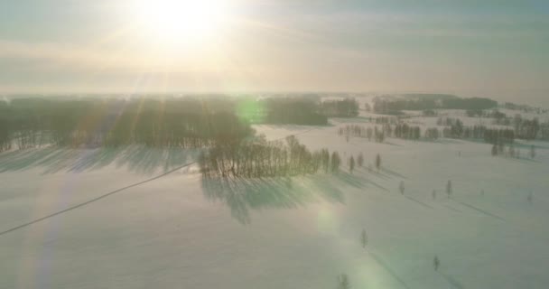 Vista aérea del frío paisaje invernal del campo ártico, árboles cubiertos de nieve helada, ríos de hielo y rayos de sol sobre el horizonte. Clima de baja temperatura extrema. — Vídeos de Stock