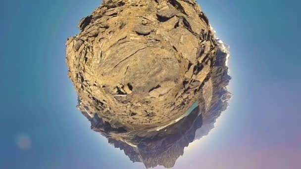 360 VR Gokyo Ri mountain top. Tibetan prayer Buddhist flag. Wild Himalayas high altitude nature and mount valley. Rocky slopes covered with ice. Tiny planet transformation. — Stock Video