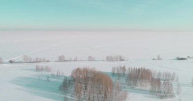 Soğuk kış manzarası kutup bölgesi, karla kaplı ağaçlar, ufukta buz nehri ve güneş ışınları. Aşırı düşük sıcaklık havası.