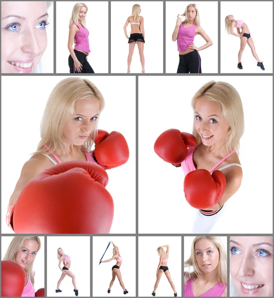 Woman exercising with expander and boxing — Stock Photo, Image