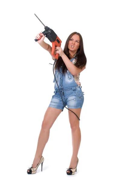 Vrouw met elektrische hamer boor — Stockfoto
