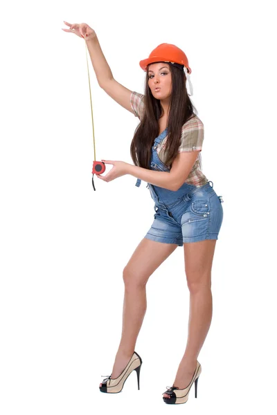 Woman holding tape measure tool — Stock Photo, Image