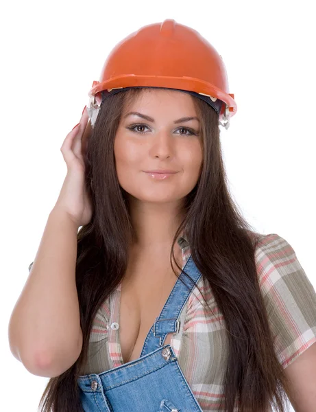 Vrouw in jeans en helm — Stockfoto