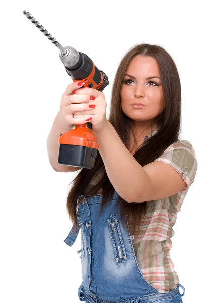 Mujer sosteniendo taladro eléctrico inalámbrico — Foto de Stock