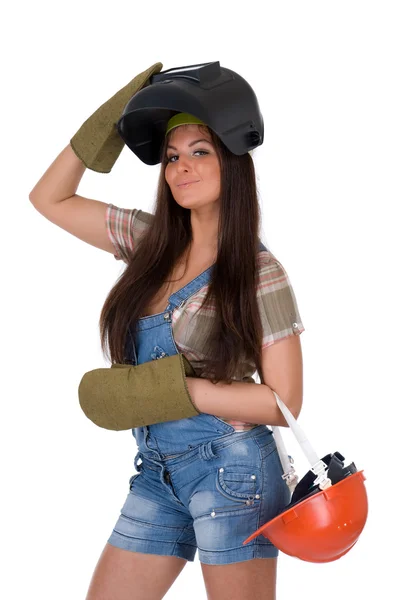 Young woman in welding mask. — Stock Photo, Image