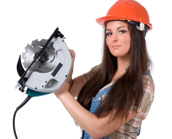 Mujer sosteniendo una sierra de disco circular eléctrica . —  Fotos de Stock