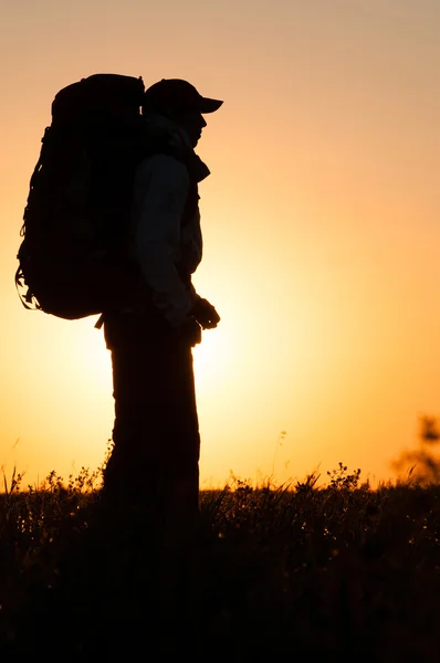 Wanderer mit Rucksack im Feld — Stockfoto