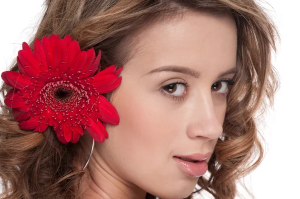 Beautiful girl with red aster flower — Stock Photo, Image