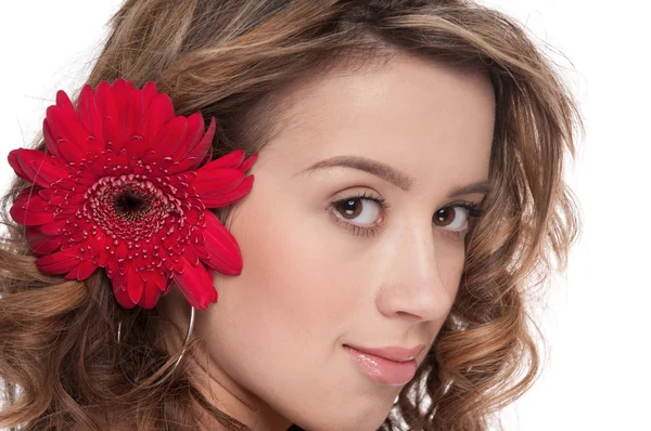 Menina bonita com flor aster vermelho — Fotografia de Stock