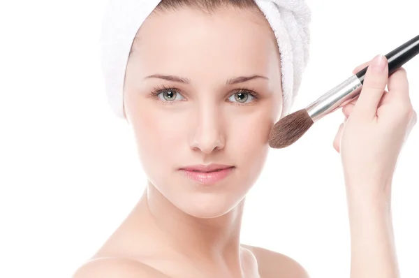 Beautiful woman with make up brush — Stock Photo, Image