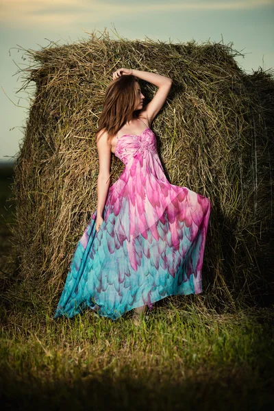 Woman standing in evening field over haystack. — Stock Photo, Image