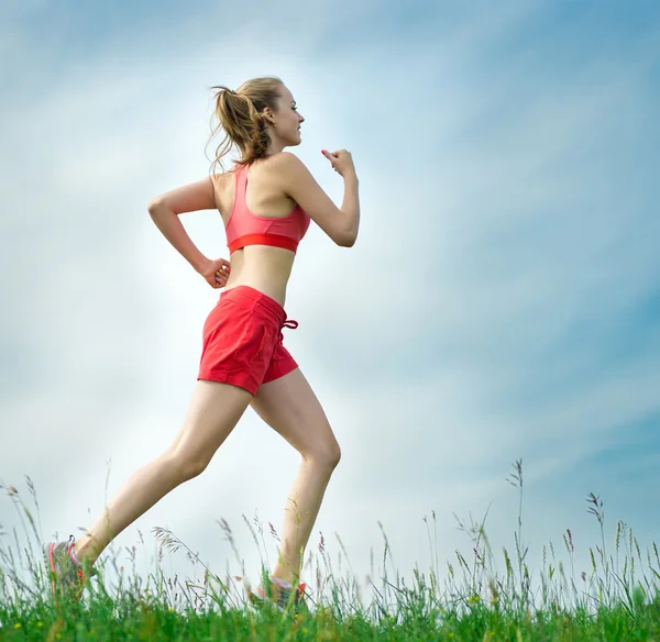 Young woman running summer park rural road. Outdoor exercises. J — Stock Photo, Image