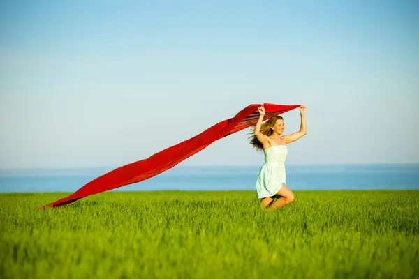 Young happy woman in wheat field with fabric. Summer lifestyle Stock Image