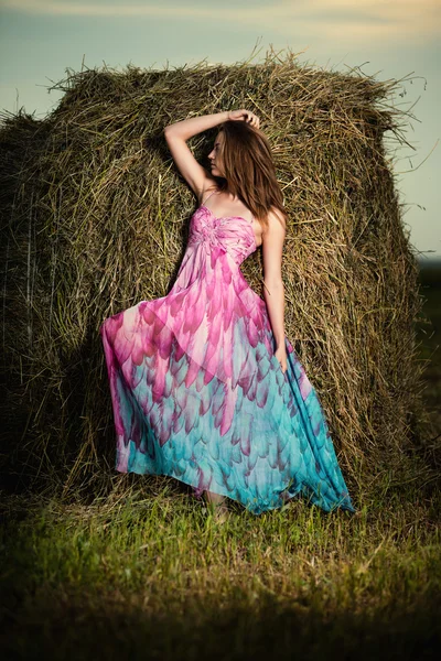 Young woman standing in evening field over haystack. Fashion sty — Stock Photo, Image