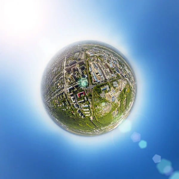 Aerial view of downtown. Crossroads, houses, buildings and parks. Little planet sphere. — Stock Photo, Image