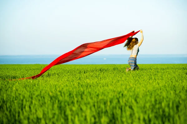 Glad ung kvinna i vete fält med tyg. Sommaren livsstil — Stockfoto