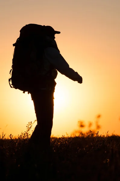 Wanderer mit Rucksack im Feld unterwegs — Stockfoto
