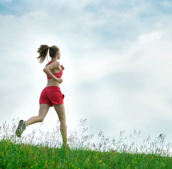 Young woman running summer park rural road. Outdoor exercises. J — Stock Photo, Image