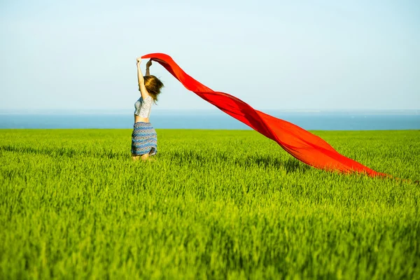 Young happy woman in wheat field with fabric. Summer lifestyle — Stock Photo, Image