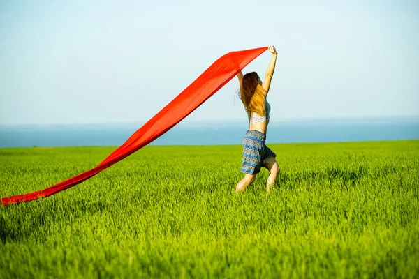 Glad ung kvinna i vete fält med tyg. Sommaren livsstil — Stockfoto