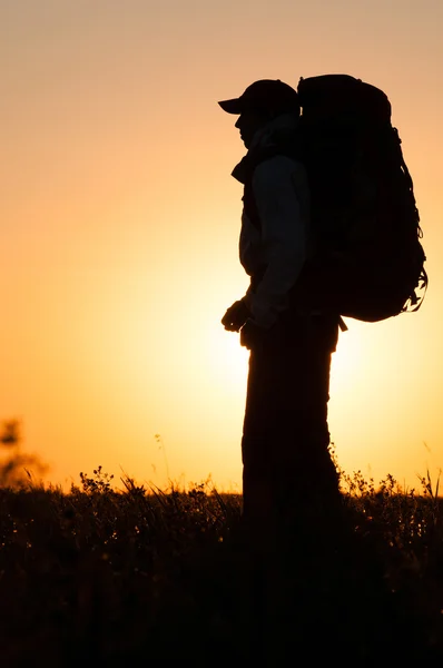 Wandelaar met rugzak staan in het veld — Stockfoto