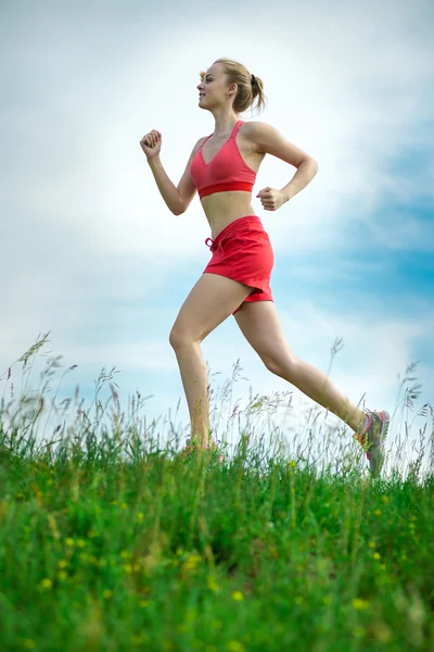 Young woman running summer park rural road. Outdoor exercises. J — Stock Photo, Image