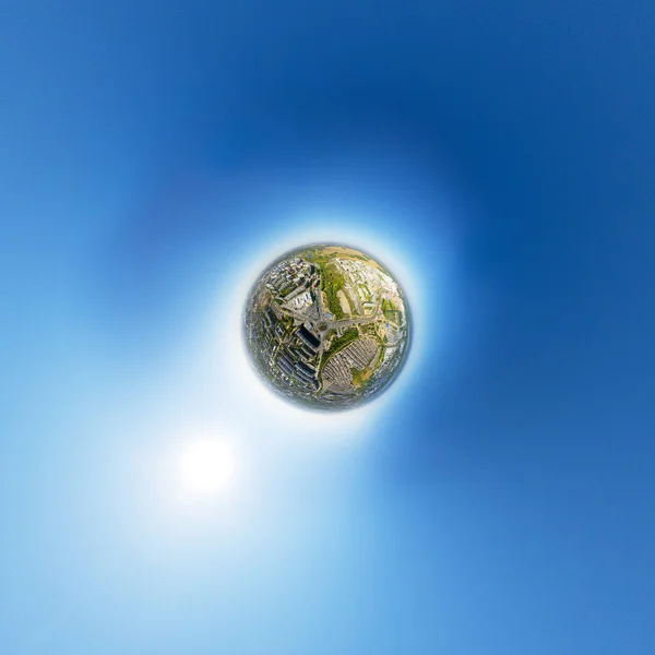 Aerial view of downtown. Crossroads, houses, buildings and parks. Little planet sphere. — Stock Photo, Image