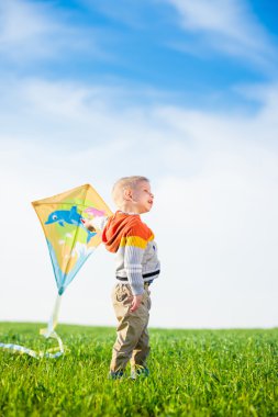 Genç çocuk onun uçurtma yeşil alan ile oynarken. 