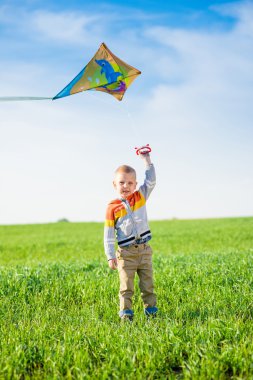 Genç çocuk onun uçurtma yeşil alan ile oynarken. 