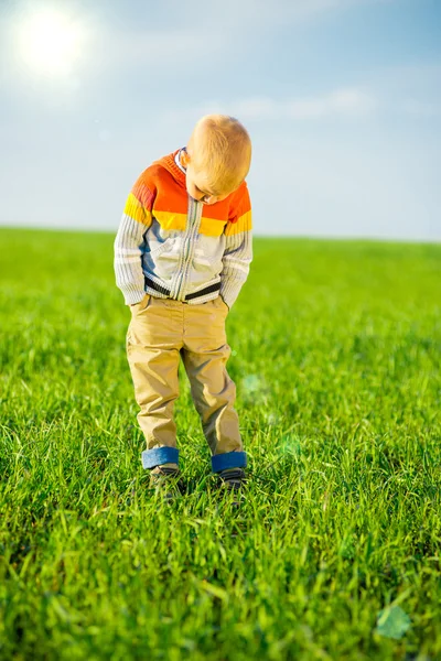 Porträt eines fröhlichen, schönen kleinen Jungen im Freien auf dem Land. Leitkonzept. — Stockfoto