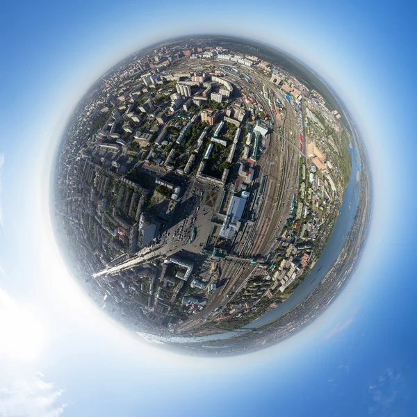 Aerial city view with crossroads, roads, houses, buildings, parks, parking lots, bridges — Stock Photo, Image