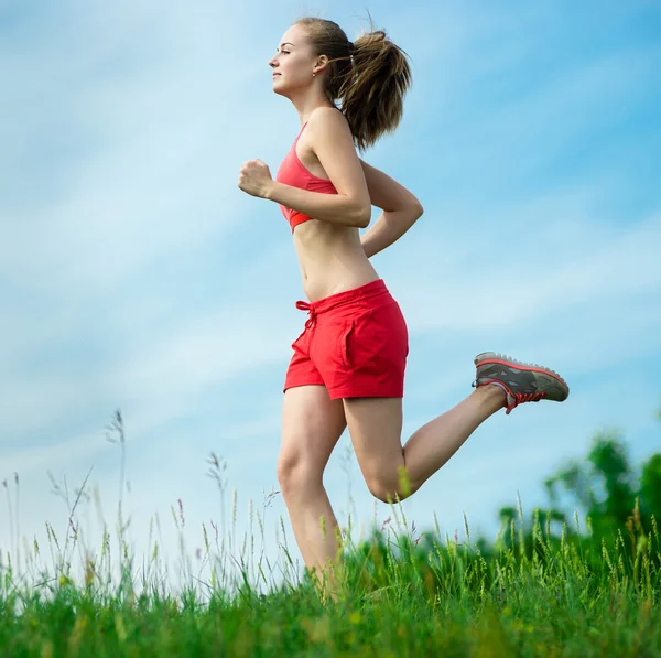 Young woman running summer park rural road. Outdoor exercises. J — Stock Photo, Image