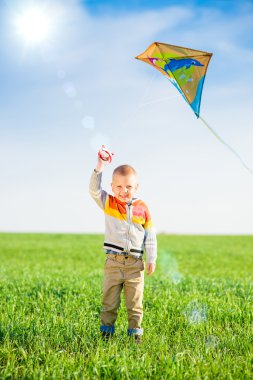 Genç çocuk onun uçurtma yeşil alan ile oynarken.