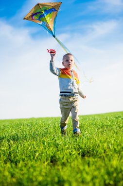 Genç çocuk onun uçurtma yeşil alan ile oynarken.
