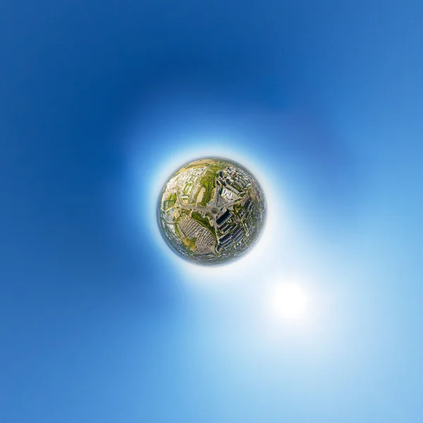 Aerial view of downtown. Crossroads, houses, buildings and parks. Little planet sphere. — Stock Photo, Image